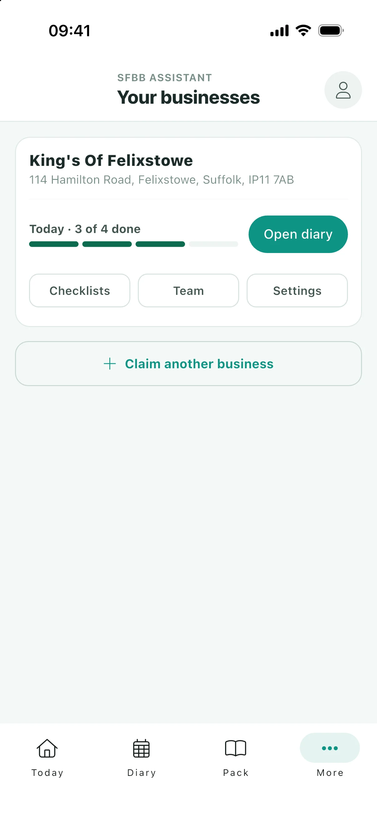 Your businesses screen with a site card, diary progress and a claim-another-business control