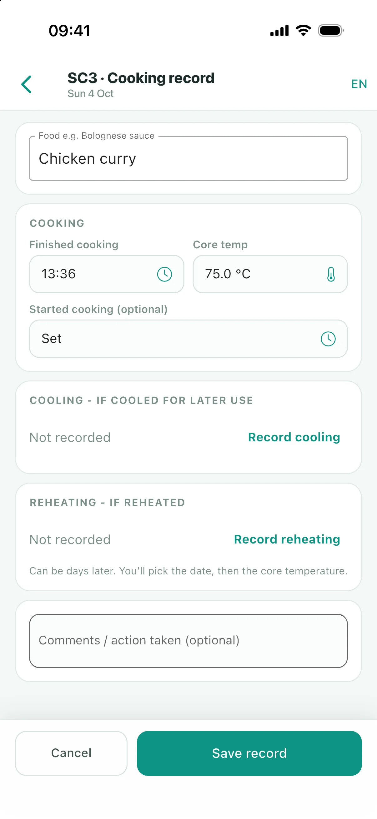 Sample SC3 cooking record for chicken curry at 75.0 °C, with cooling and reheating not yet recorded
