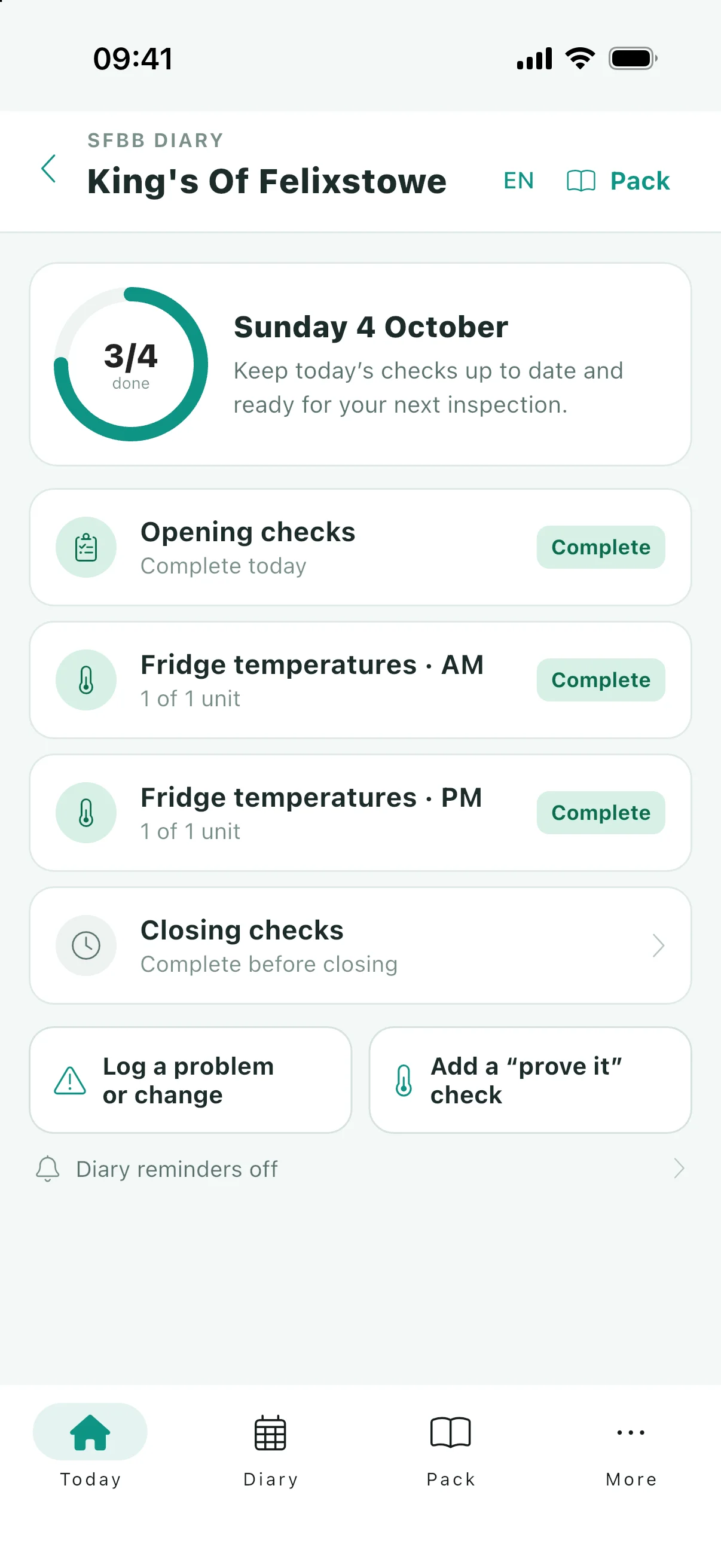Today in the app: opening and closing checks ticked off, with a note about a fridge
