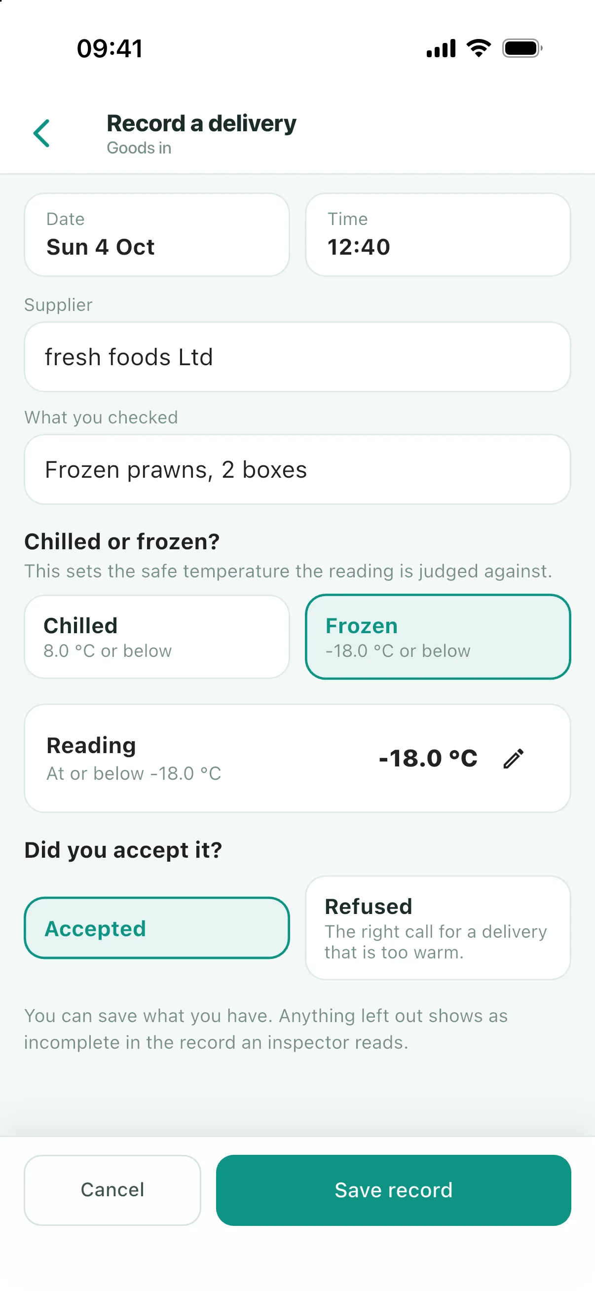 A delivery entry recording frozen prawns at -18.0 °C and accepted