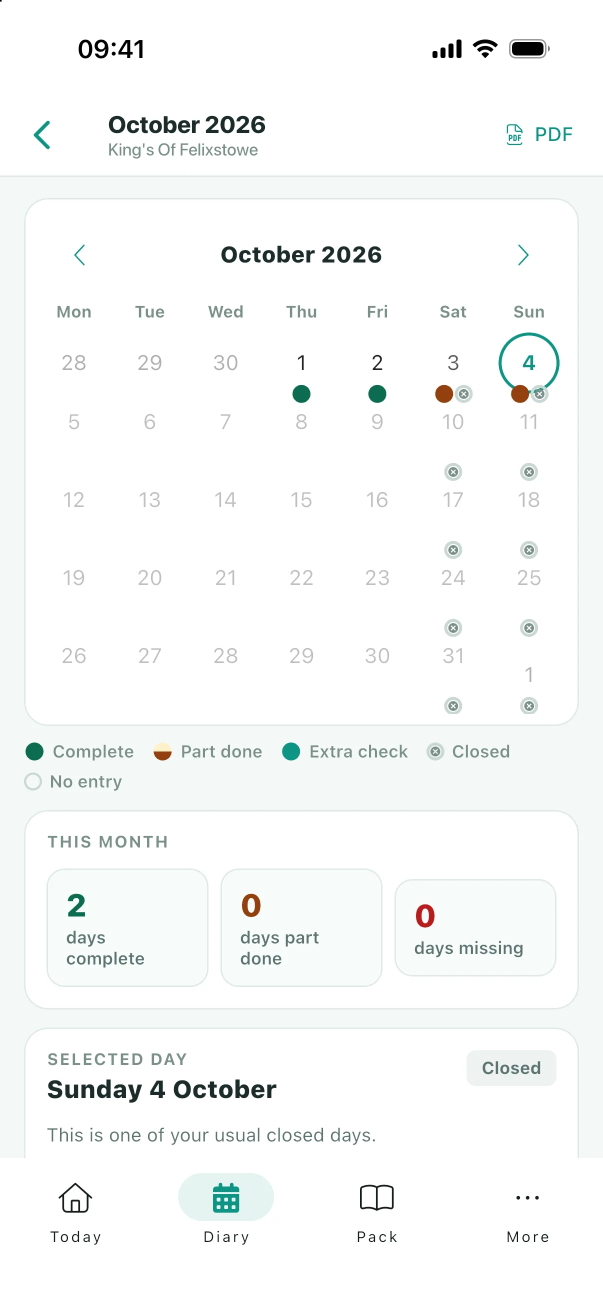 Diary calendar showing recorded days and gaps to review