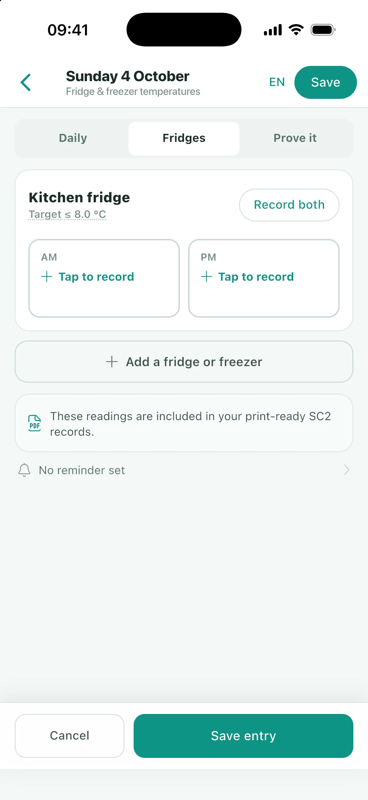 Fridge and freezer temperature checks recorded in the app