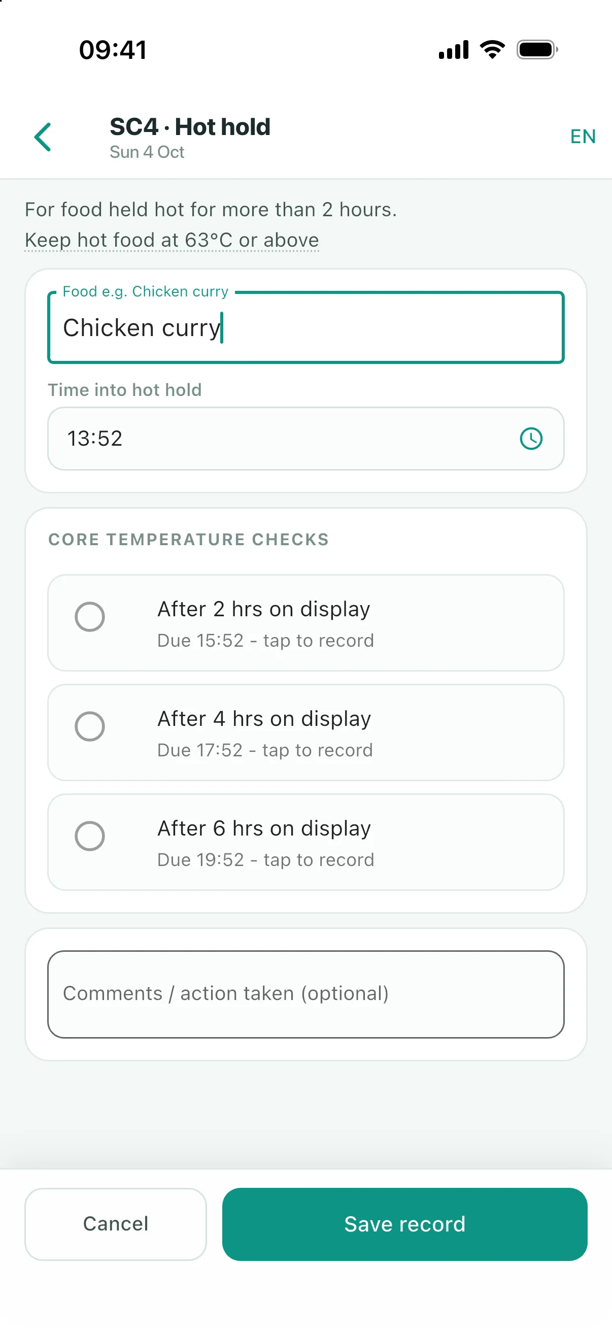 Sample SC4 hot-holding record for chicken curry, with temperature checks due after two, four and six hours