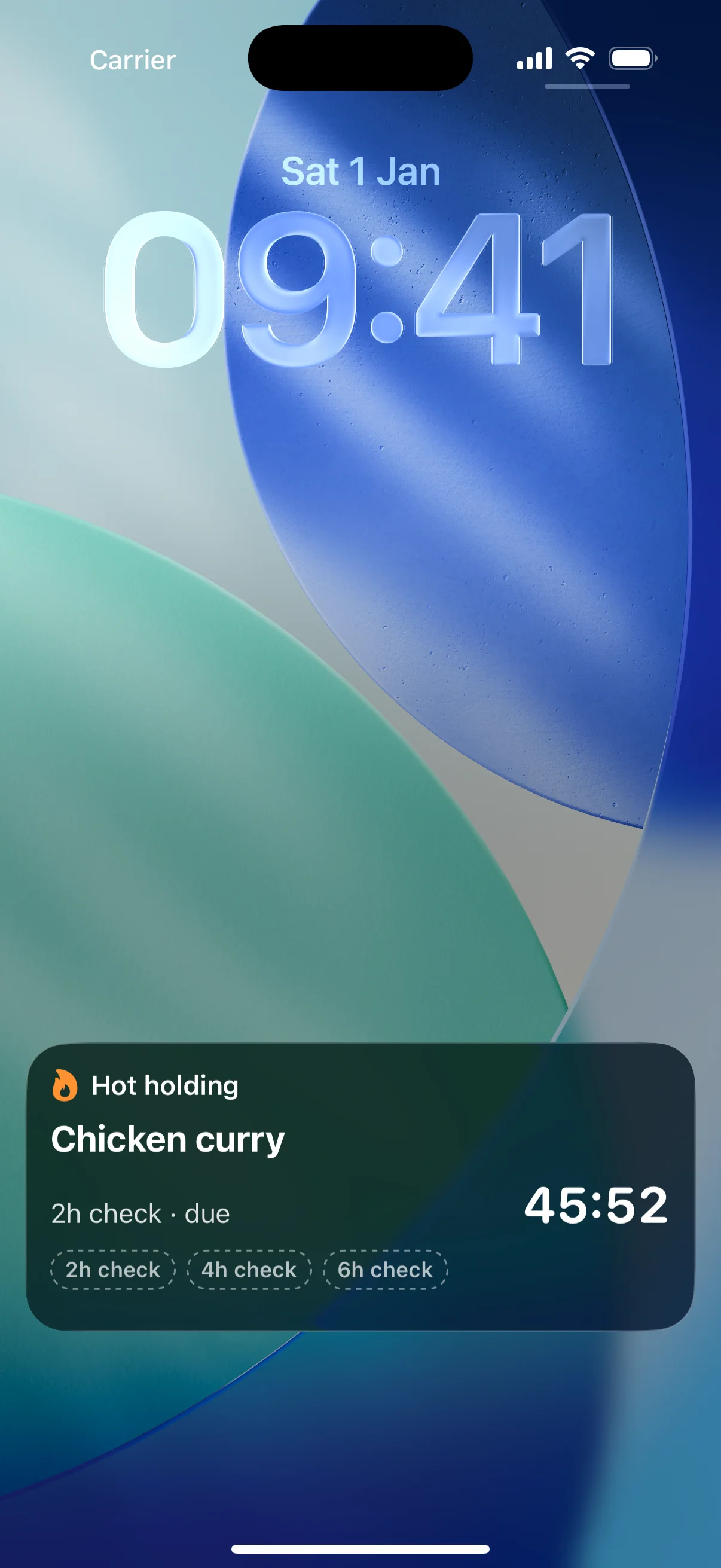 iPhone lock screen showing the hot-holding countdown card for chicken curry, with the next check due in 46 minutes