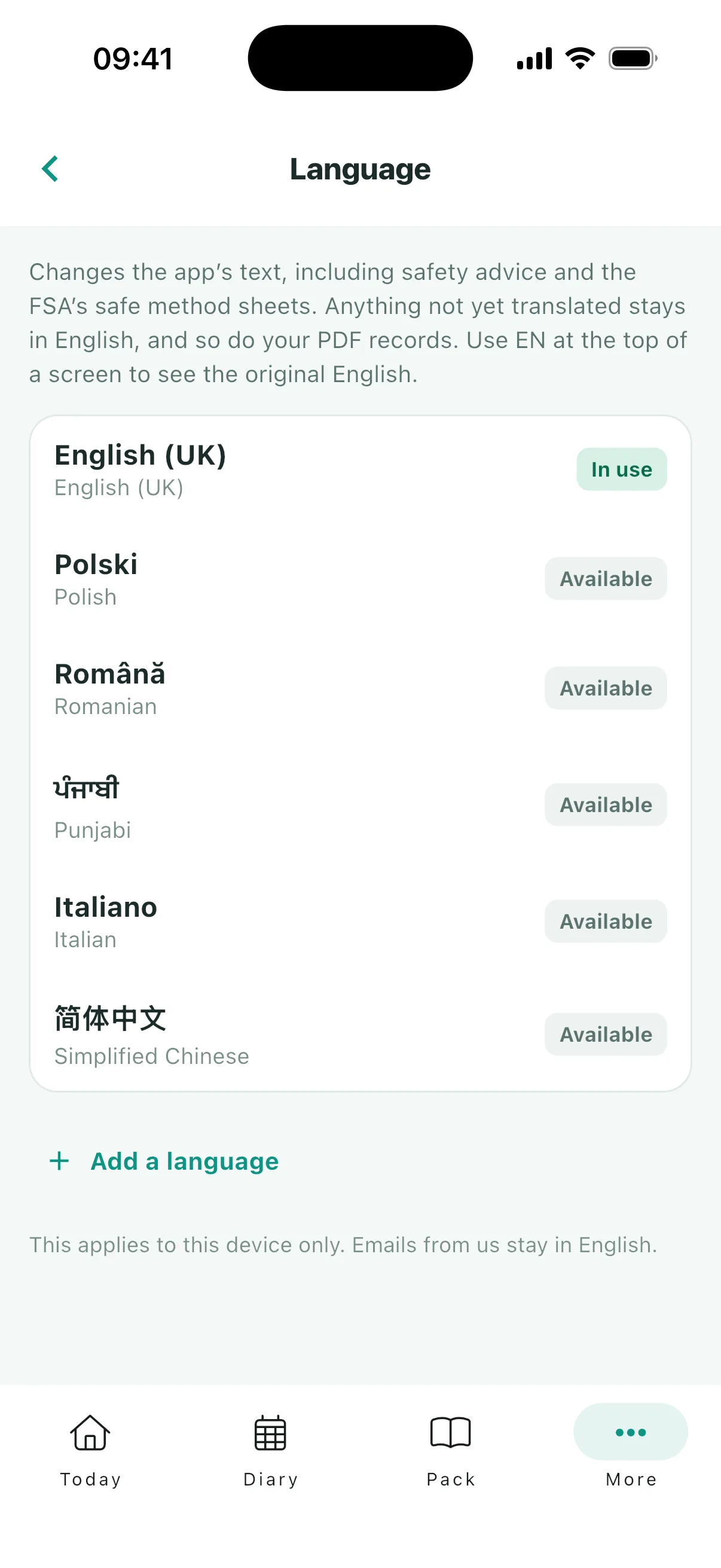 The app language picker showing English and five available translations