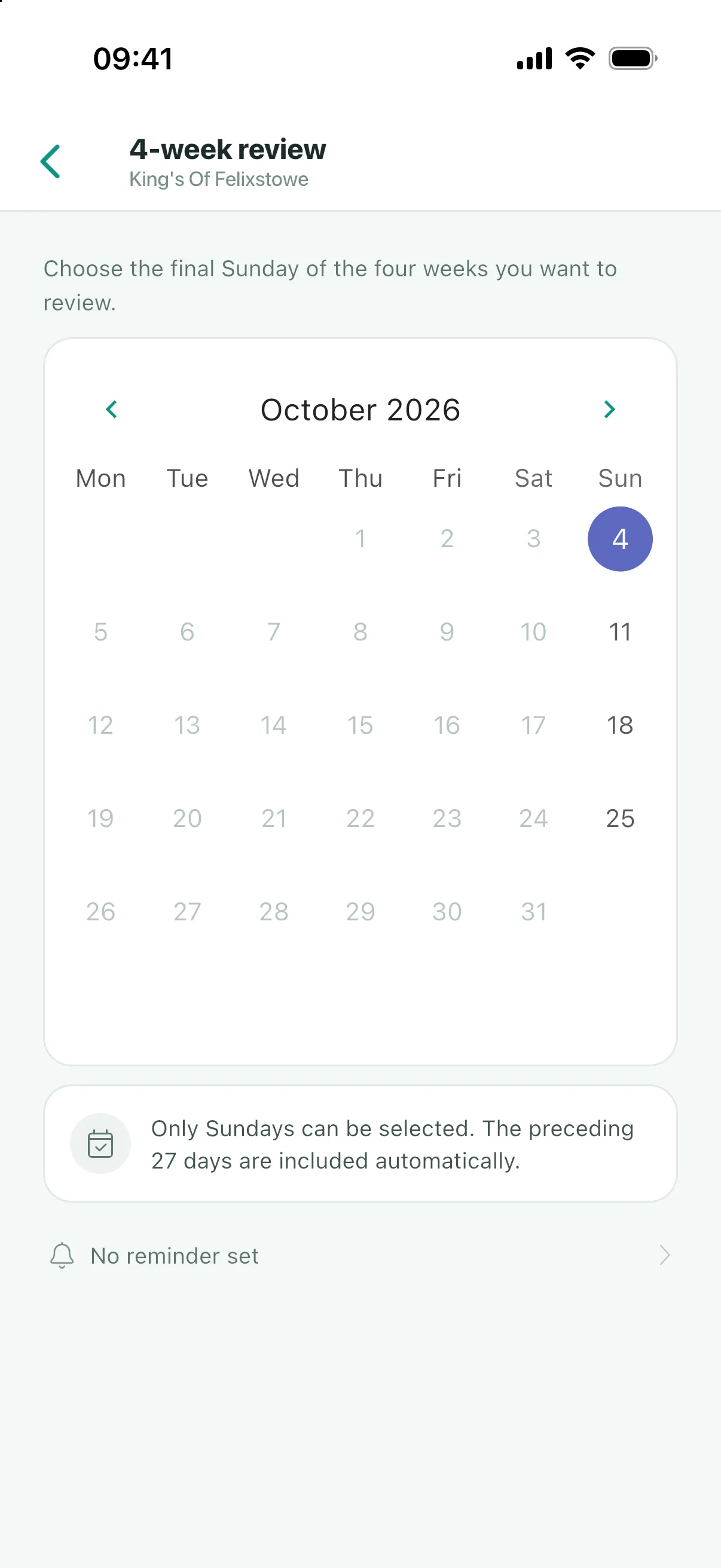 The diary calendar, showing the days that are complete and the gaps that are not