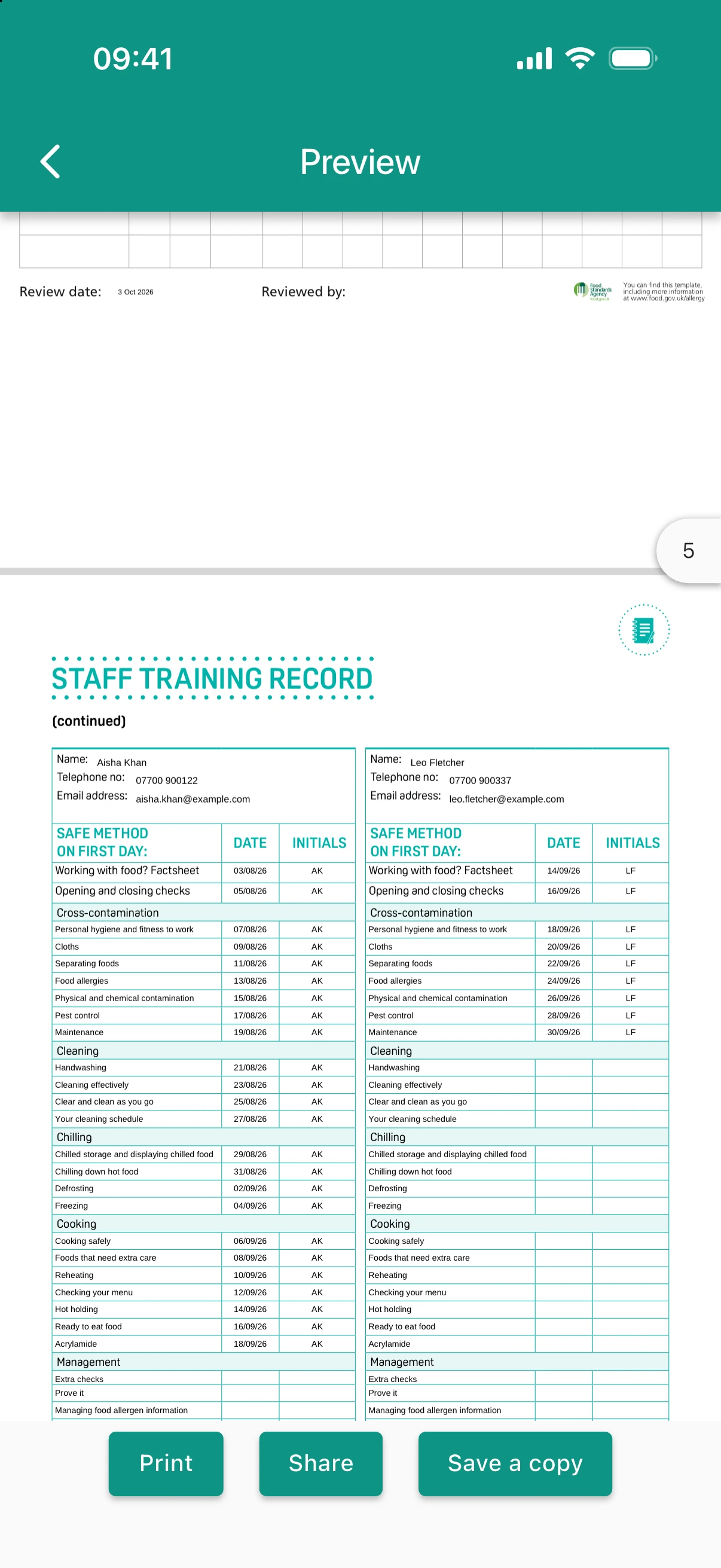 A page of the generated EHO pack: a staff training record printed onto the official FSA form, each method dated and initialled