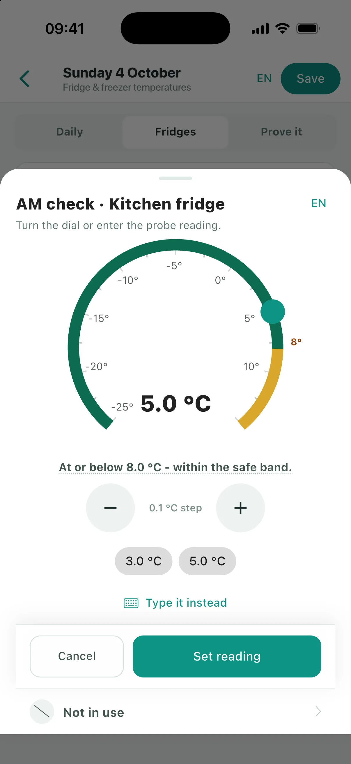 Recording a fridge temperature on the dial, with room for a comment